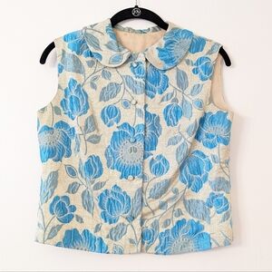 Vintage brocade gold and blue floral peter pan retro top